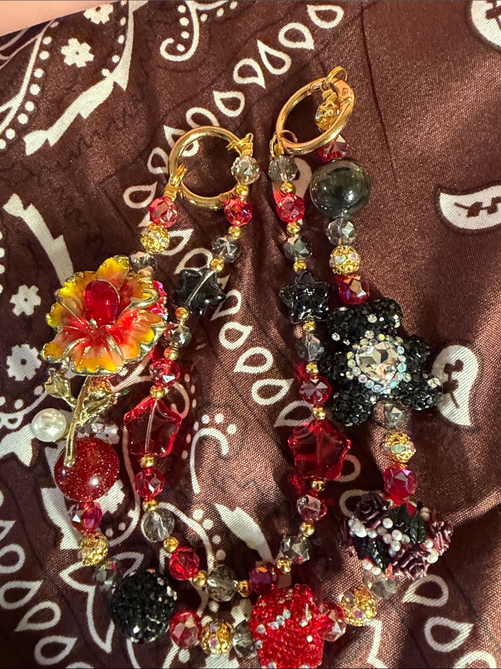 Gold-Tone Floral Red Beaded bag charm or keychain